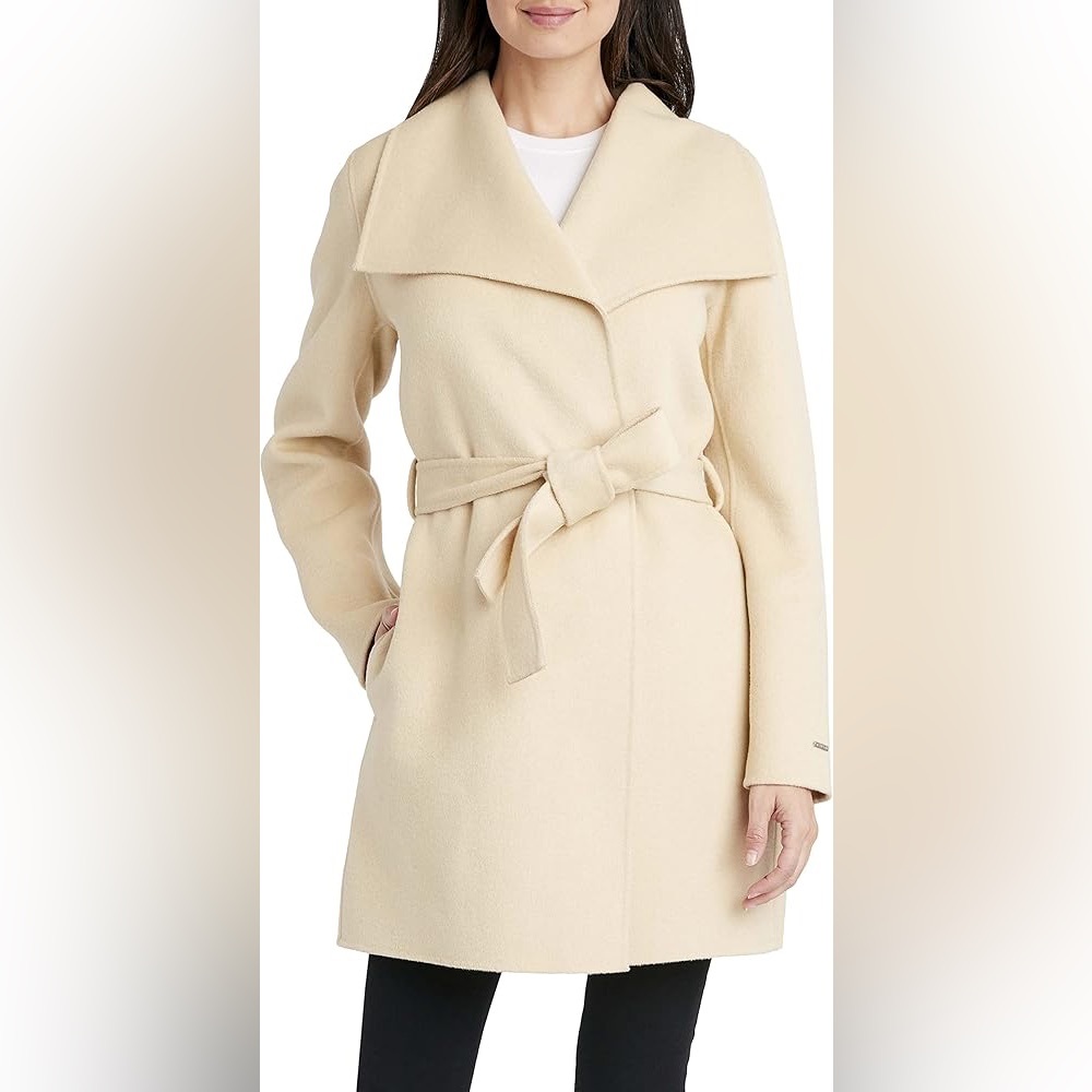 TAHARI Womens Ella Wool Blend Open Front Wrap Coat